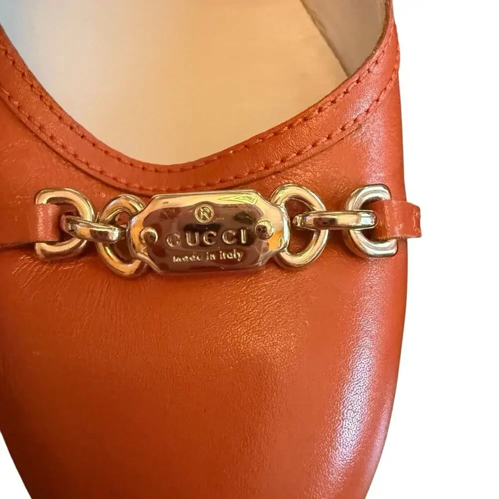 Gucci Tangerine Leather Loafers Flats with Gold Horsebit Detail EU 38 US 8